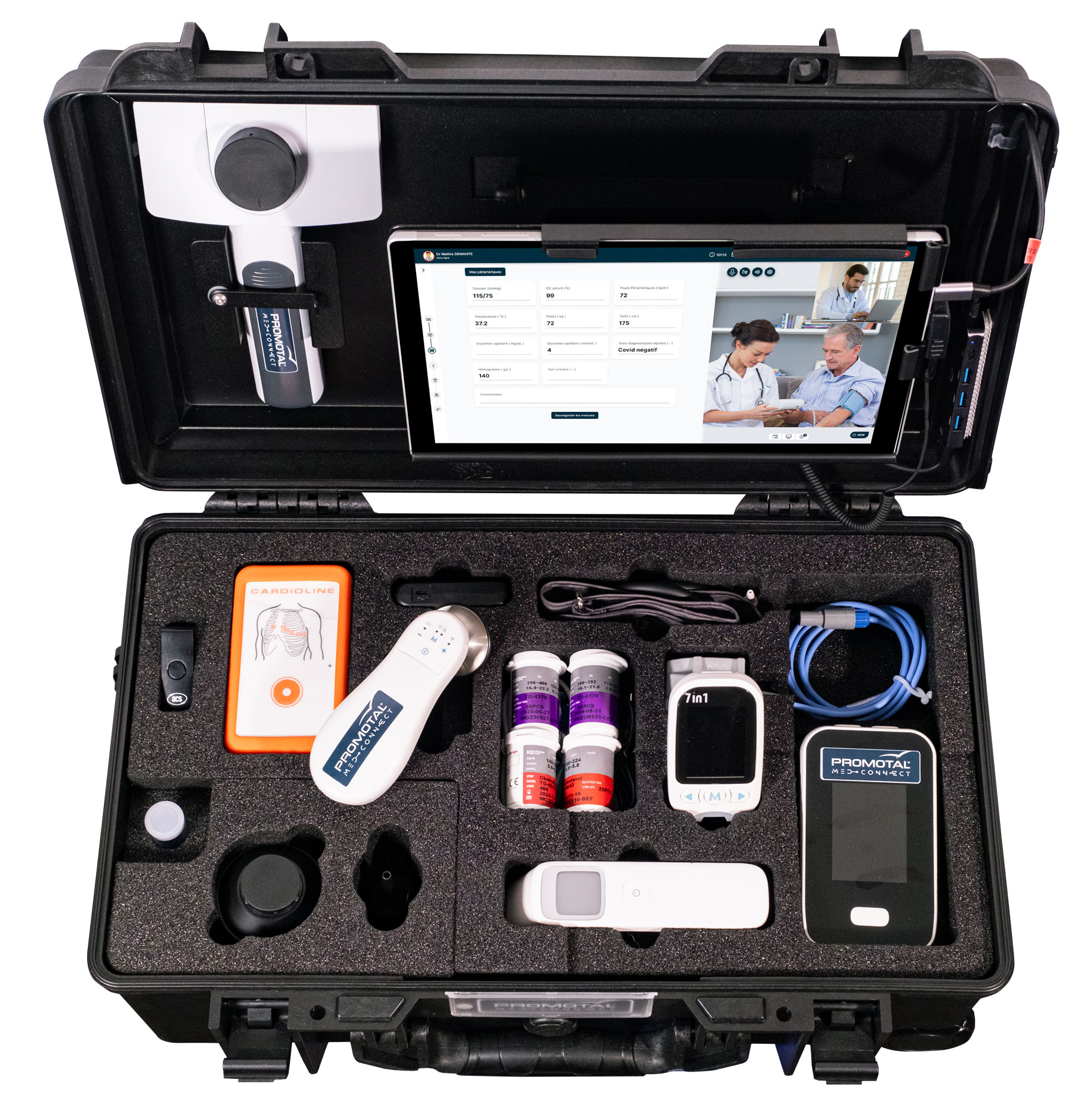 Mallette de téléconsultation professionnelle Promotal MedConnect ouverte avec instruments médicaux connectés