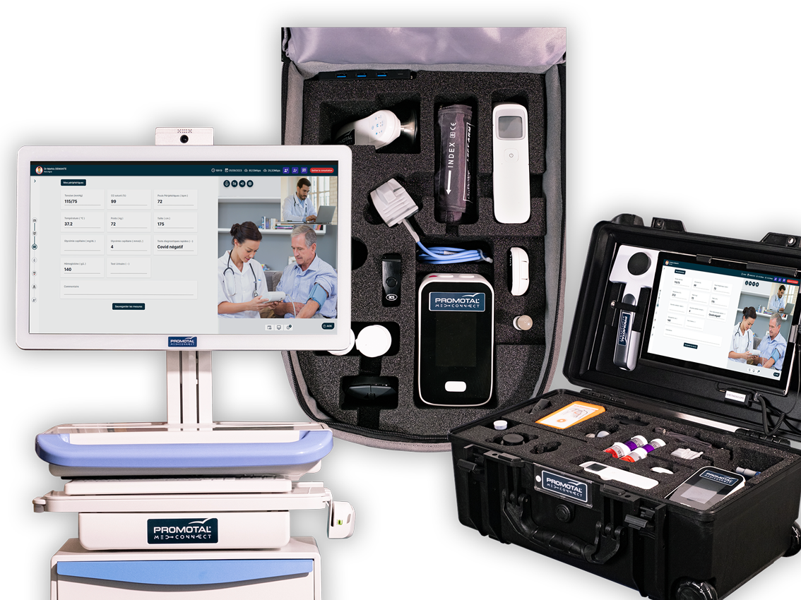 Gamme de matériel de télémédecine Promotal MedConnect : chariot, mallette et sac à dos avec appareils connectés
