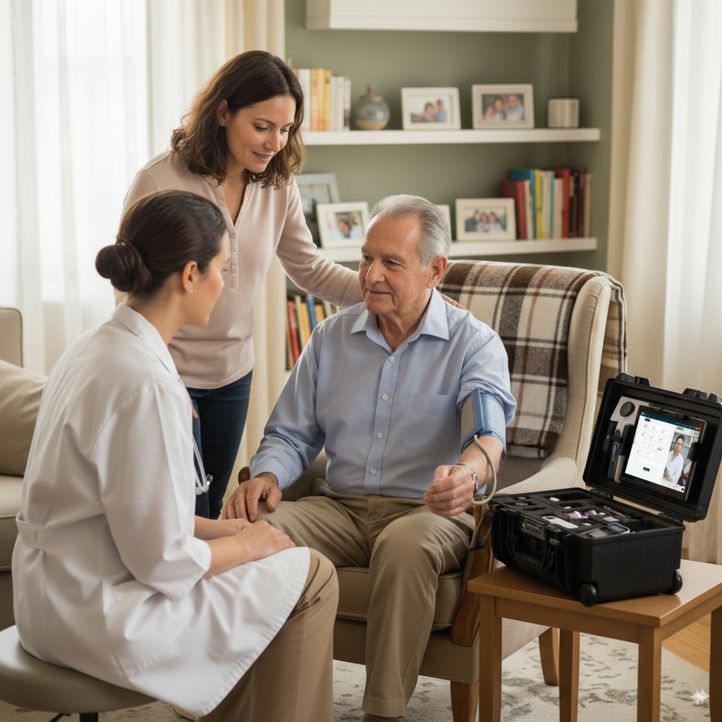 Infirmière avec mallette de télémédecine au domicile du patient