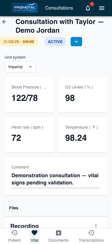 MedConnect mobile consultation with structured patient vital signs