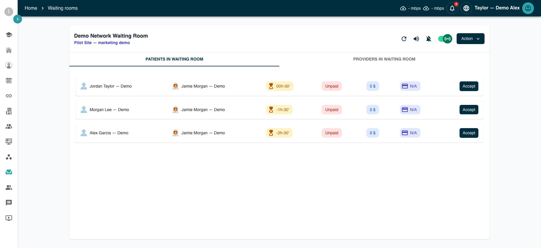 MedConnect network waiting room with fictional patients and clinicians