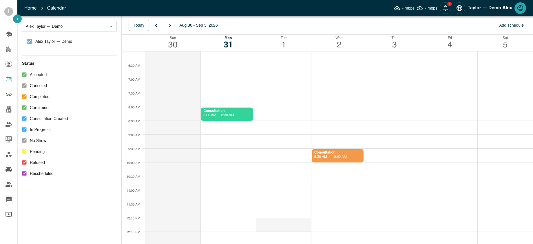 MedConnect shared weekly calendar with demonstration appointments