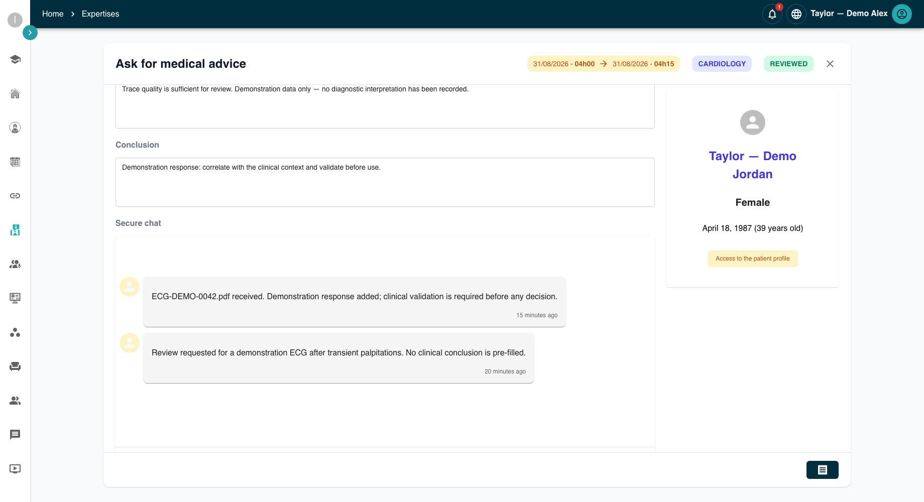 Secure conversation and specialist response in MedConnect