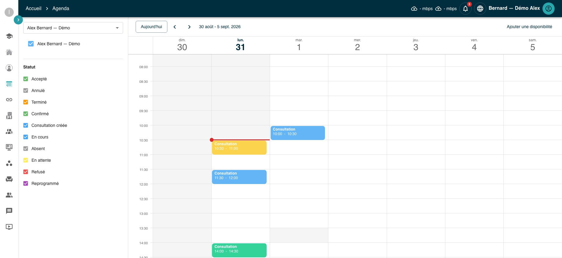 Agenda hebdomadaire partagé MedConnect avec rendez-vous de démonstration