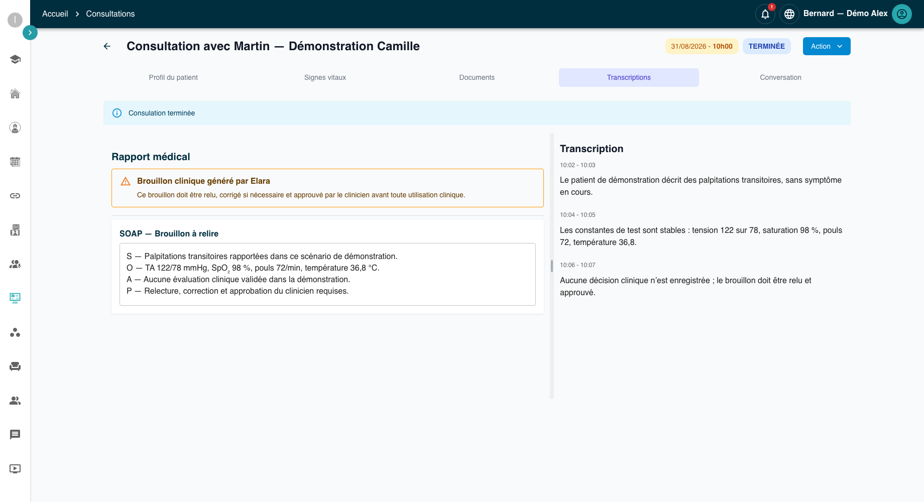 Brouillon de note SOAP Elara avec transcription et validation clinique requise