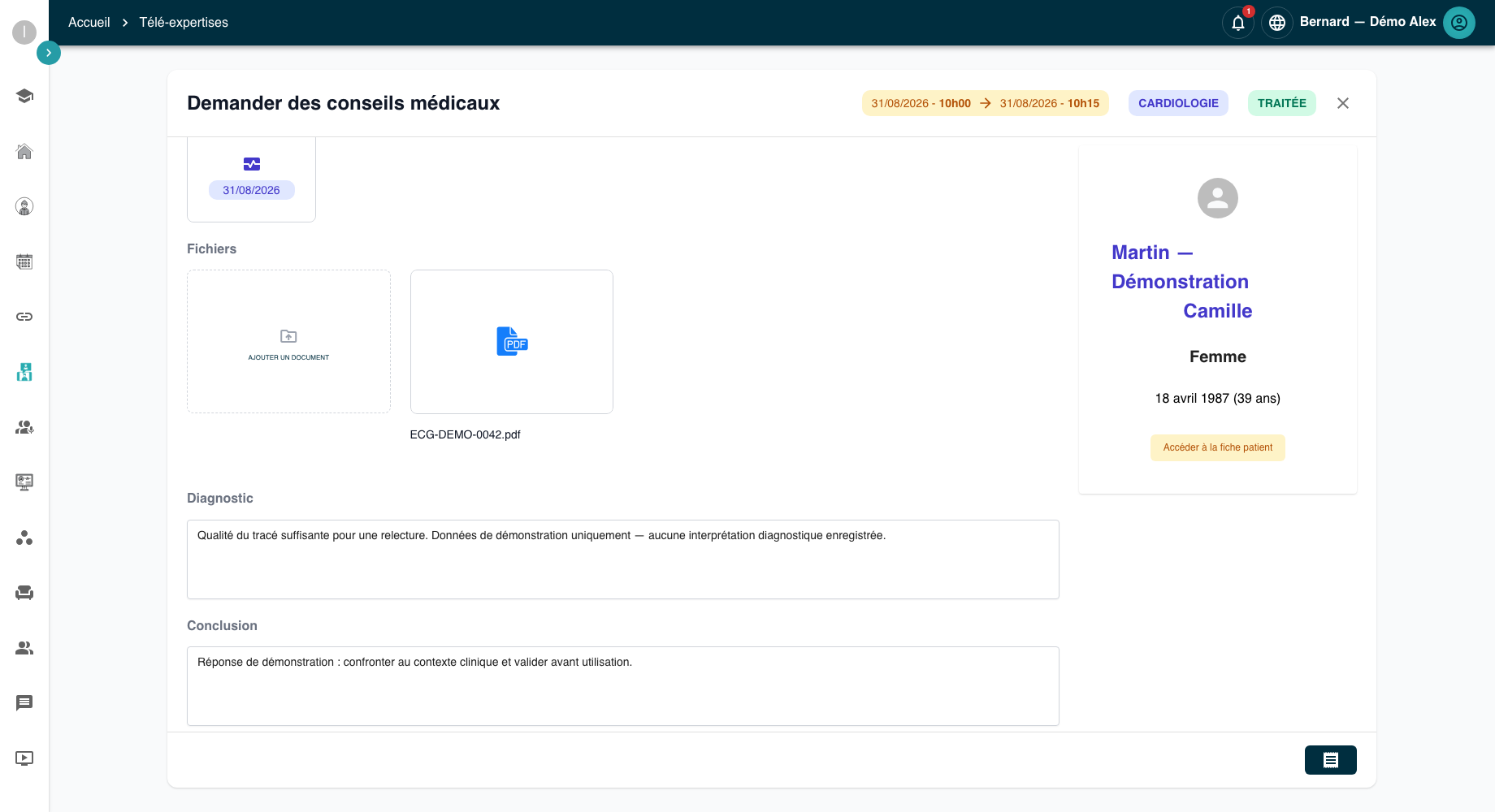 Module natif MedConnect de téléexpertise avec pièce jointe, statut traité et réponse spécialiste